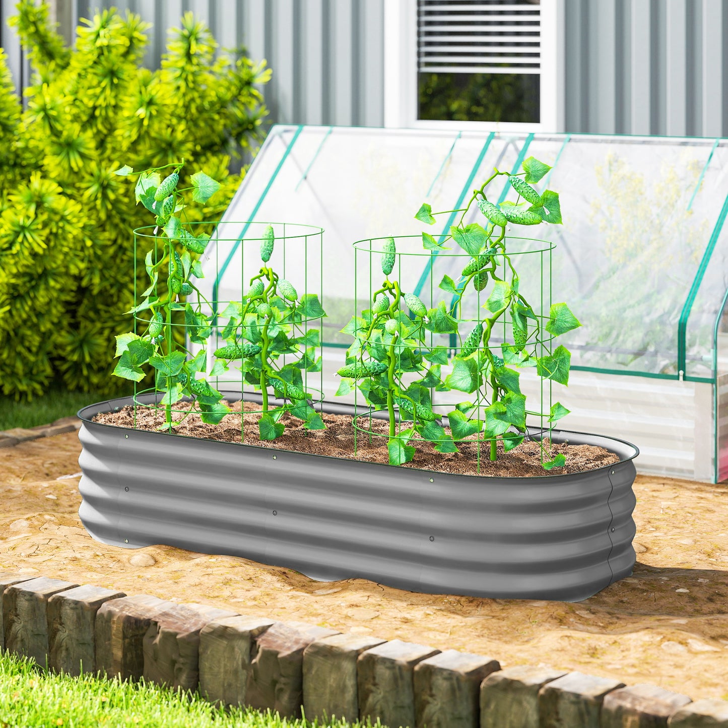 Outsunny Galvanised Raised Garden Bed Planter Box With Safety Edging For Flowers Herbs And Succulents Silver