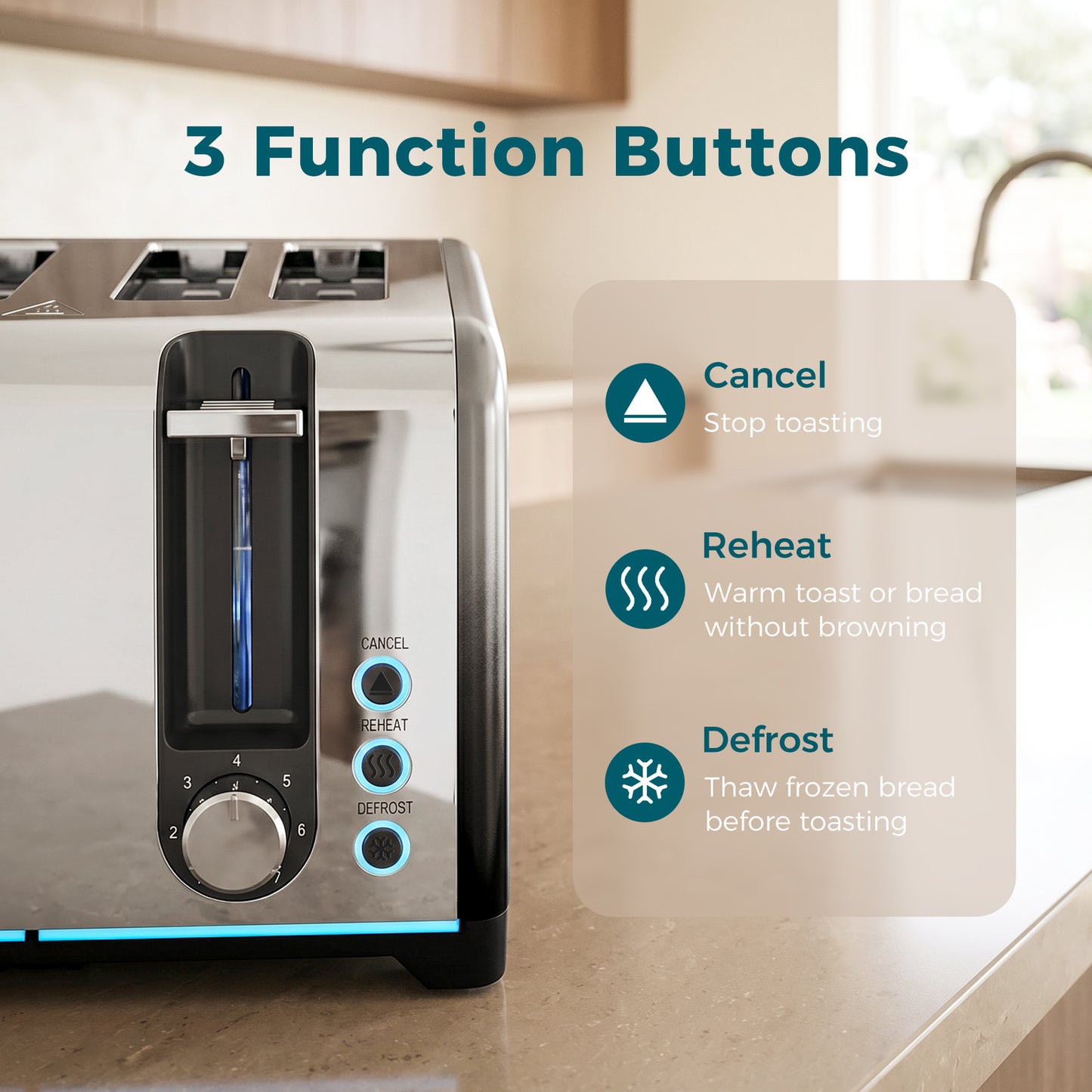 HOMCOM 4 Slice Toaster with 7 Browning Levels Reheat Defrost and Cancel Functions for Even Toasting