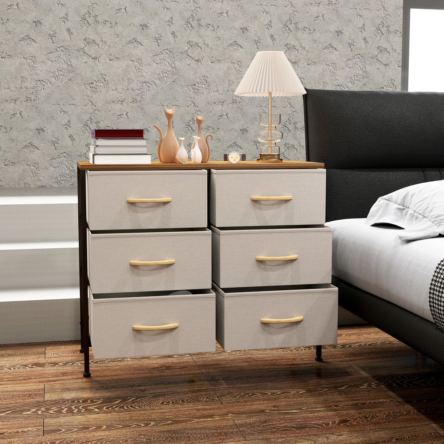 HOMCOM Fabric Chest With 6 Drawers Steel Frame Wooden Top Cream White For Nursery Living Room Hallway