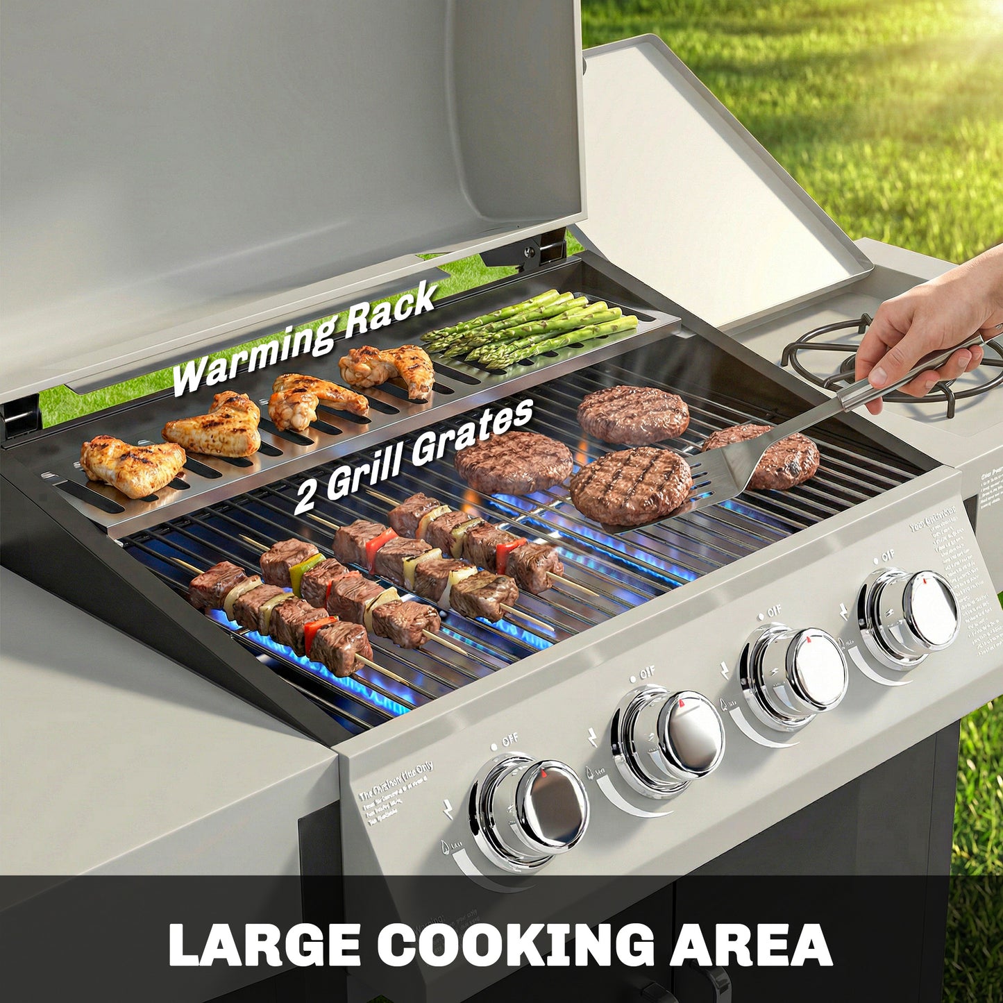 Outsunny Four Burner And One Side Burner Gas BBQ Grill 50000 BTU Steel Portable With Built In Thermometer And Lid