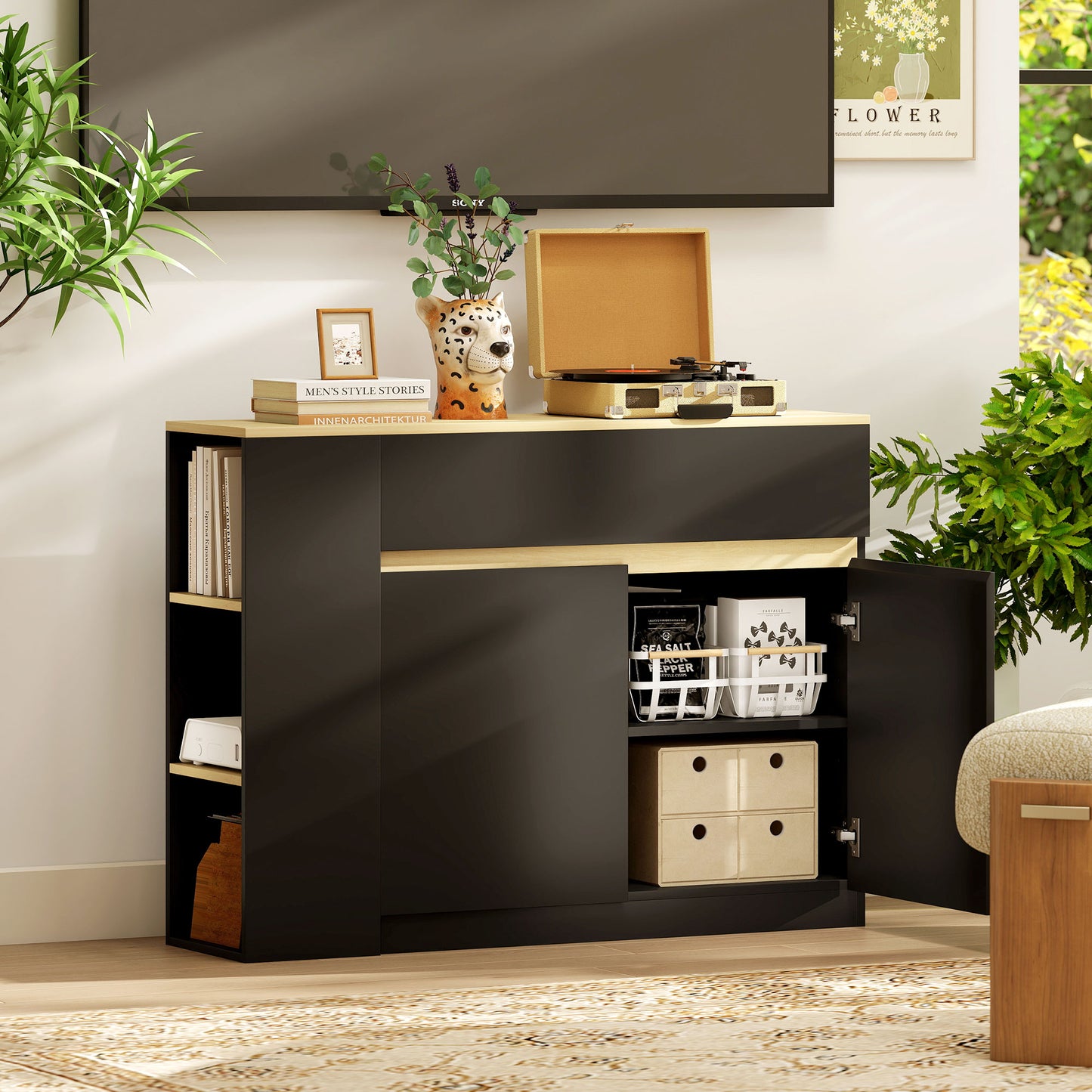HOMCOM Kitchen Island With Storage Cabinet And Adjustable Shelf Two Drawers Three Open Shelves Black
