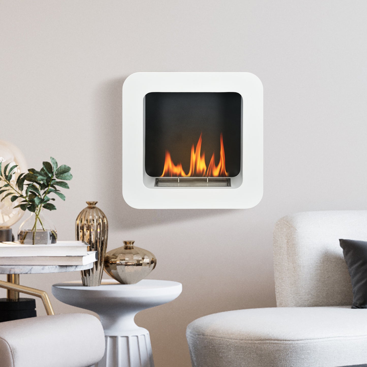 HOMCOM Wall-Mounted Bioethanol Fireplace Heater with 1L Fuel Tank and 2.5 Hour Burn Time - White - ALL4U RETAILER LTD