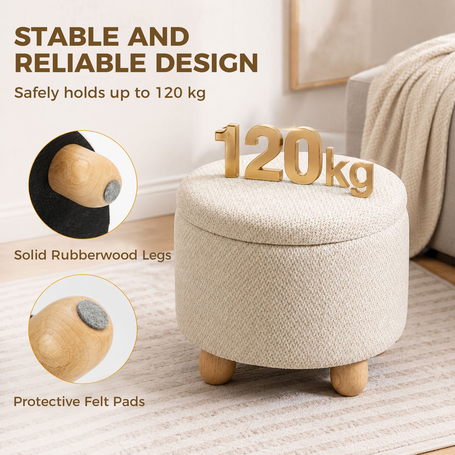 HOMCOM Round Storage Ottoman Bench With Lid Beige Rubberwood Legs For Living Room Organization