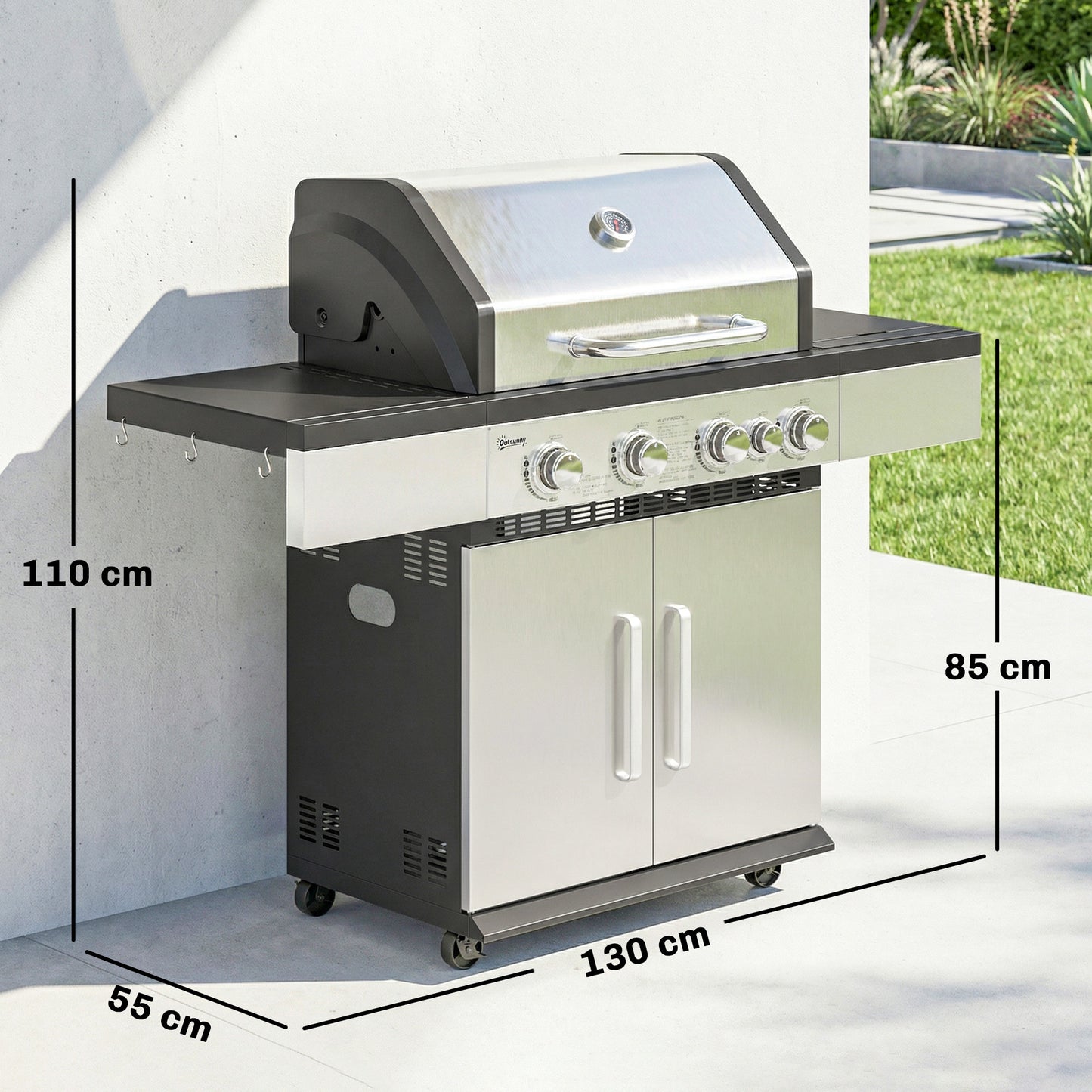 Outsunny 5 Burner Gas BBQ Grill Portable With Side Burner Warming Rack Side Shelf And Storage Cabinet