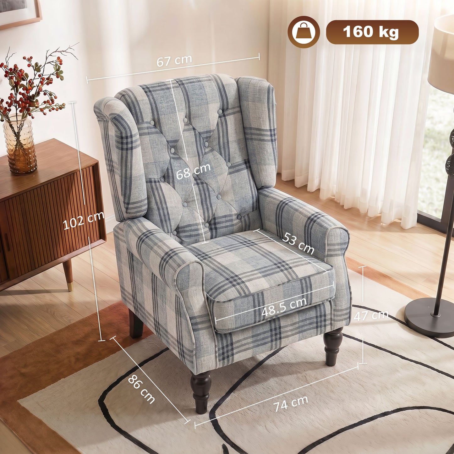 Homcom Plaid Wingback Accent Chair With Tufted High Back And Wood Legs