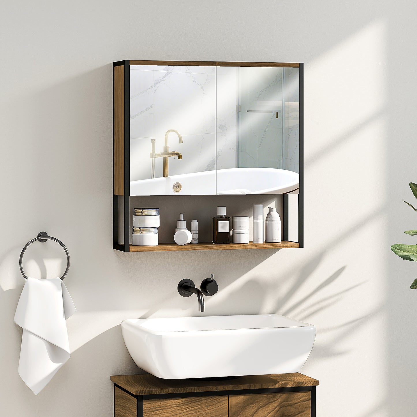 HOMCOM Bathroom Mirror Cabinet With Soft Close Doors And Adjustable Shelf In Natural Wood Finish For Modern Bathrooms