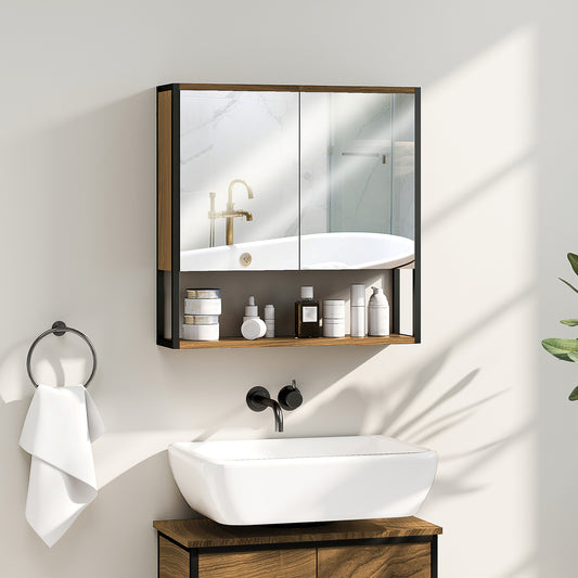 HOMCOM Bathroom Mirror Cabinet With Soft Close Doors And Adjustable Shelf In Natural Wood Finish For Modern Bathrooms