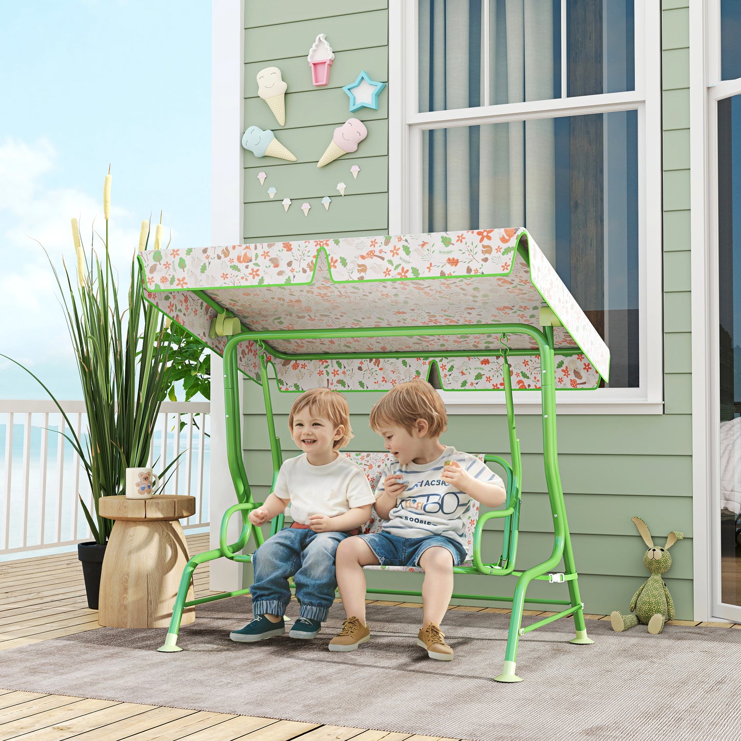 AIYAPLAY 2 Seater Kids Garden Hammock Swing Bench With Adjustable Canopy And Safety Belt For Patio Porch Green