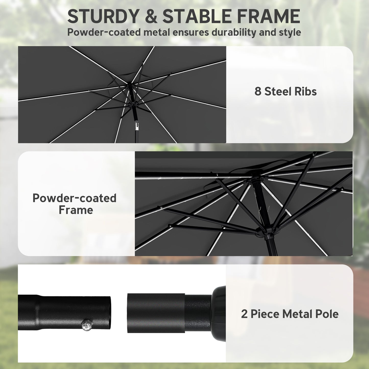 Outsunny 3 m Garden Parasol Umbrella With 112 LED Solar Lights Patio Umbrella With Crank Handle Grey