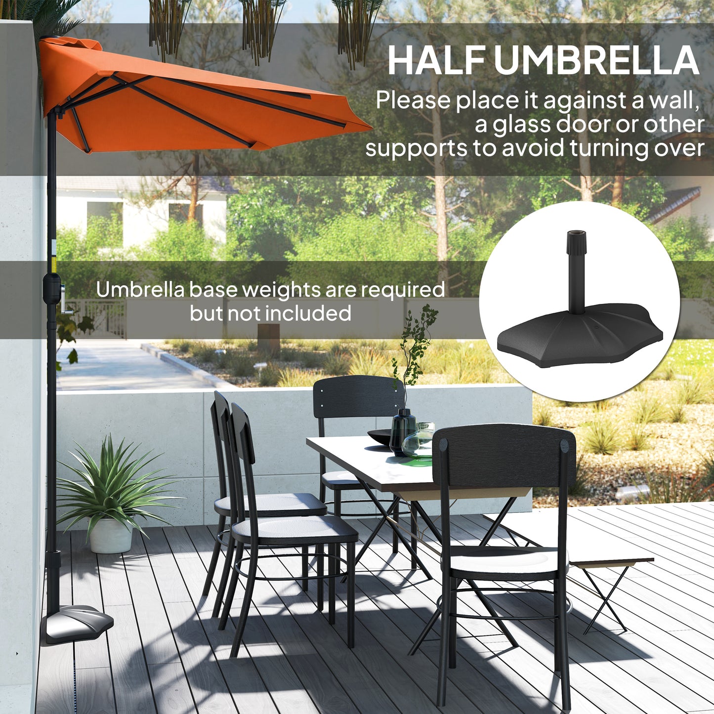 Outsunny Orange Half Round Parasol Umbrella for Balconies and Small Gardens Outdoor Patio