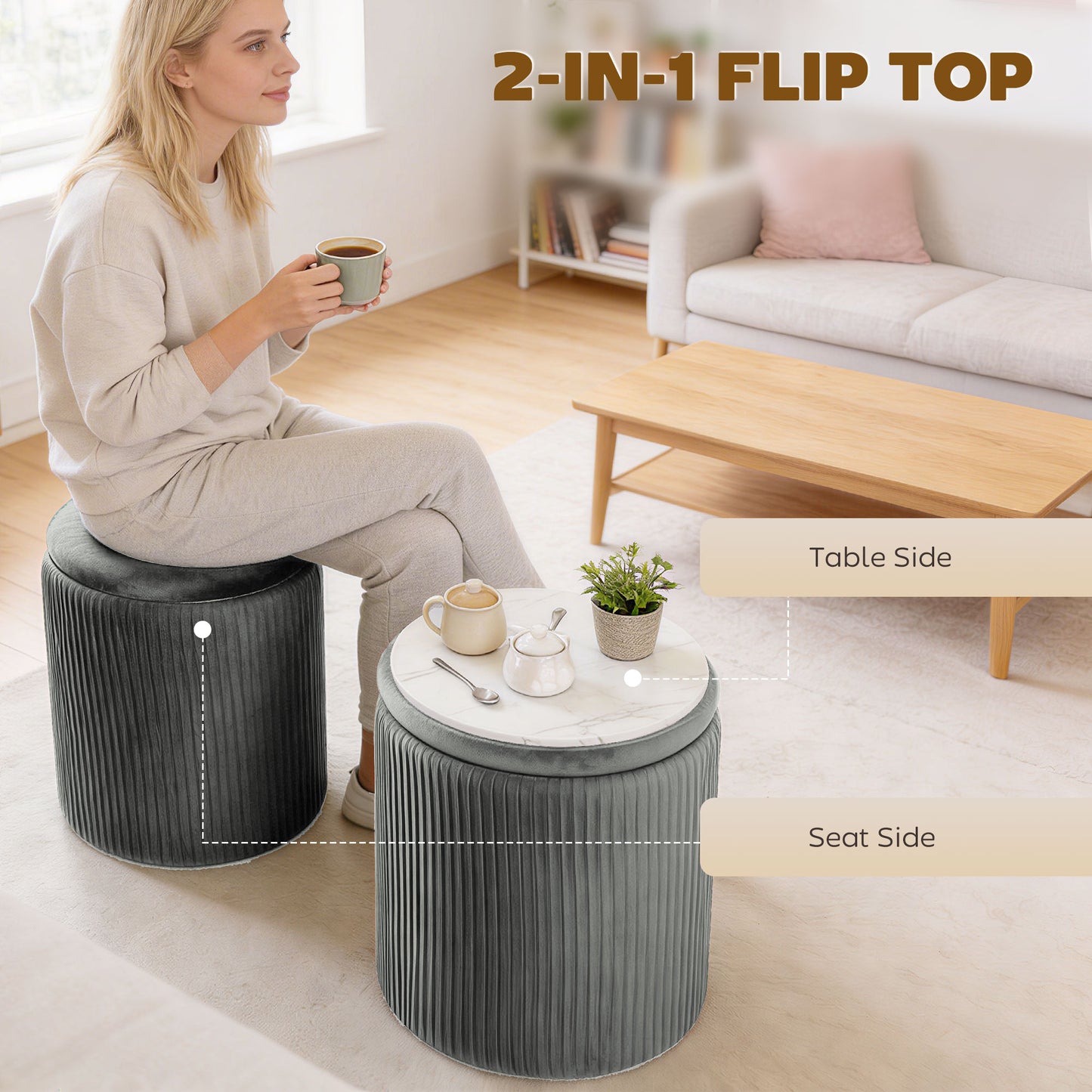 HOMCOM Velvet Round Storage Ottoman Foot Stool 45 cm Grey for Living Room and Bedroom