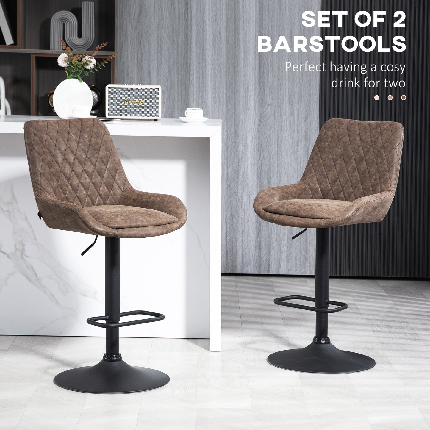 HOMCOM Retro Bar Stools Set of 2 Adjustable Kitchen Stool Upholstered Bar Chairs with Back Swivel Seat Coffee - ALL4U RETAILER LTD