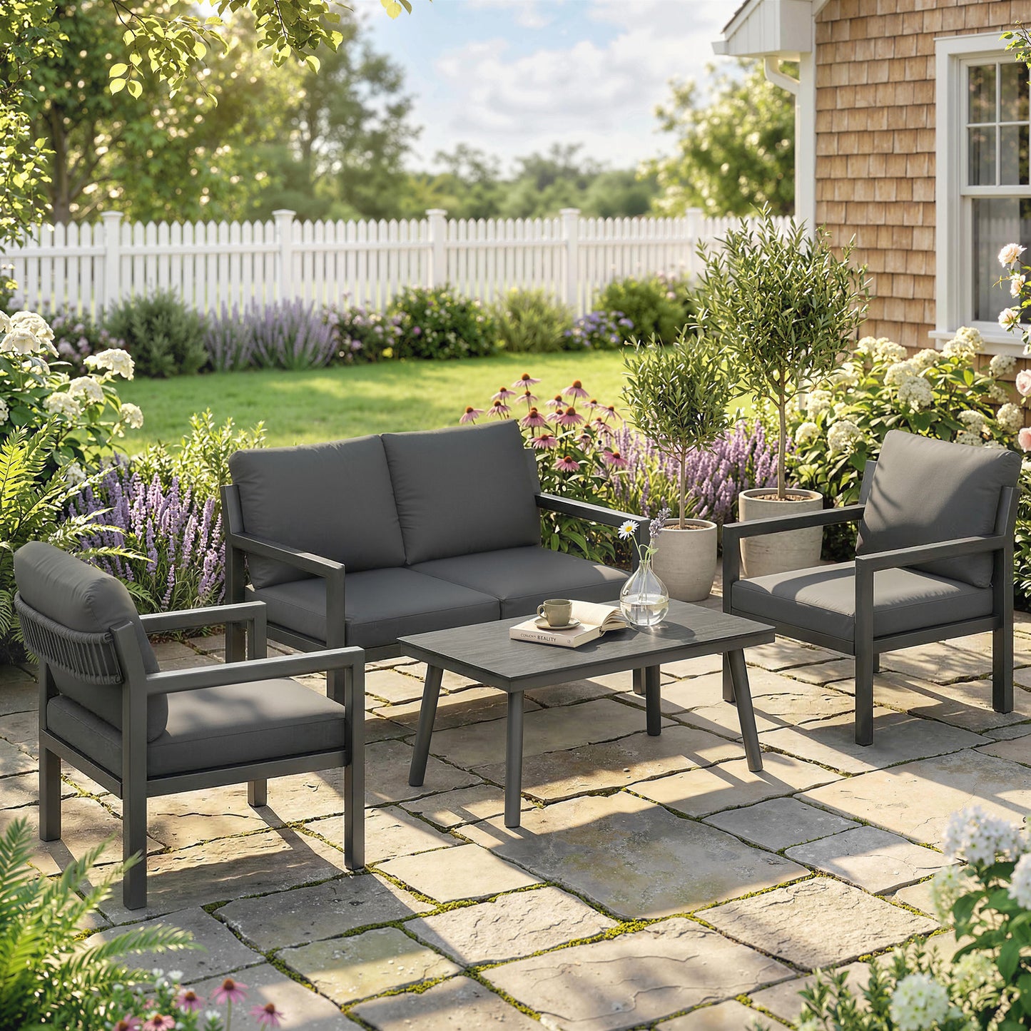 Outsunny 4 Seater Rattan Garden Furniture Set With 2 Armchairs Loveseat Coffee Table Cushions Dark Grey