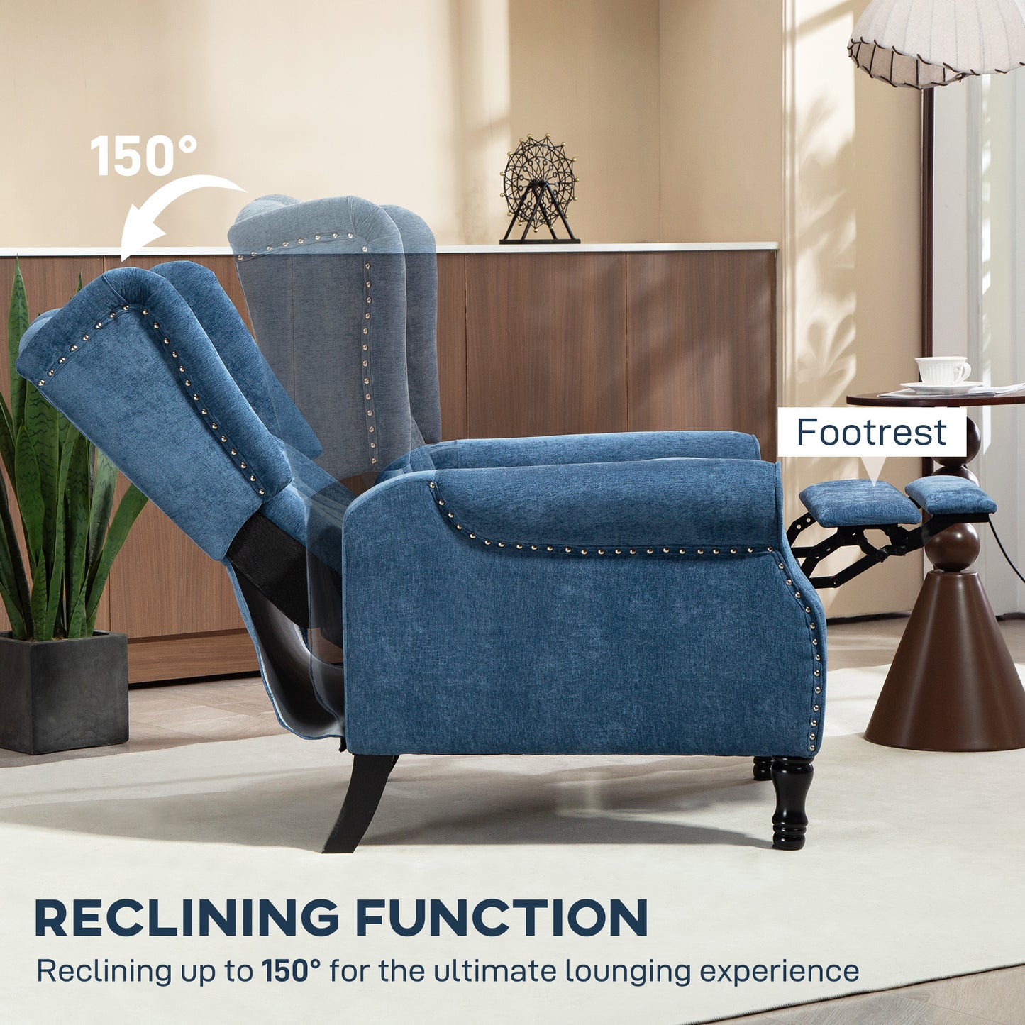 HOMCOM 150 Degree Reclining Vintage Armchair With Footrest In Royal Blue Tufted Back Lounger