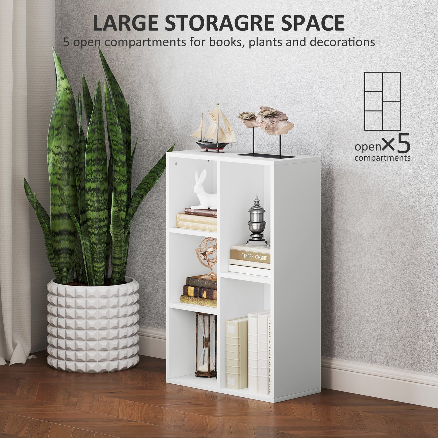HOMCOM Two Tier Bookshelf With Five Compartments White Modern Open Storage Shelving Unit For Living Room