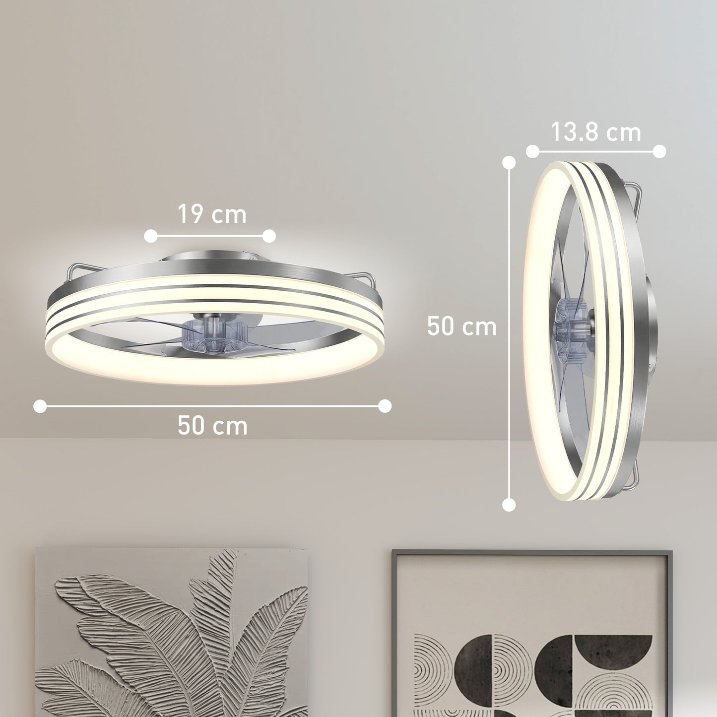 HOMCOM Ceiling Fans With Lights Remote App Control 50cm LED Ceiling Fan Light 3 Colour Temperatures 6 Speed Silver