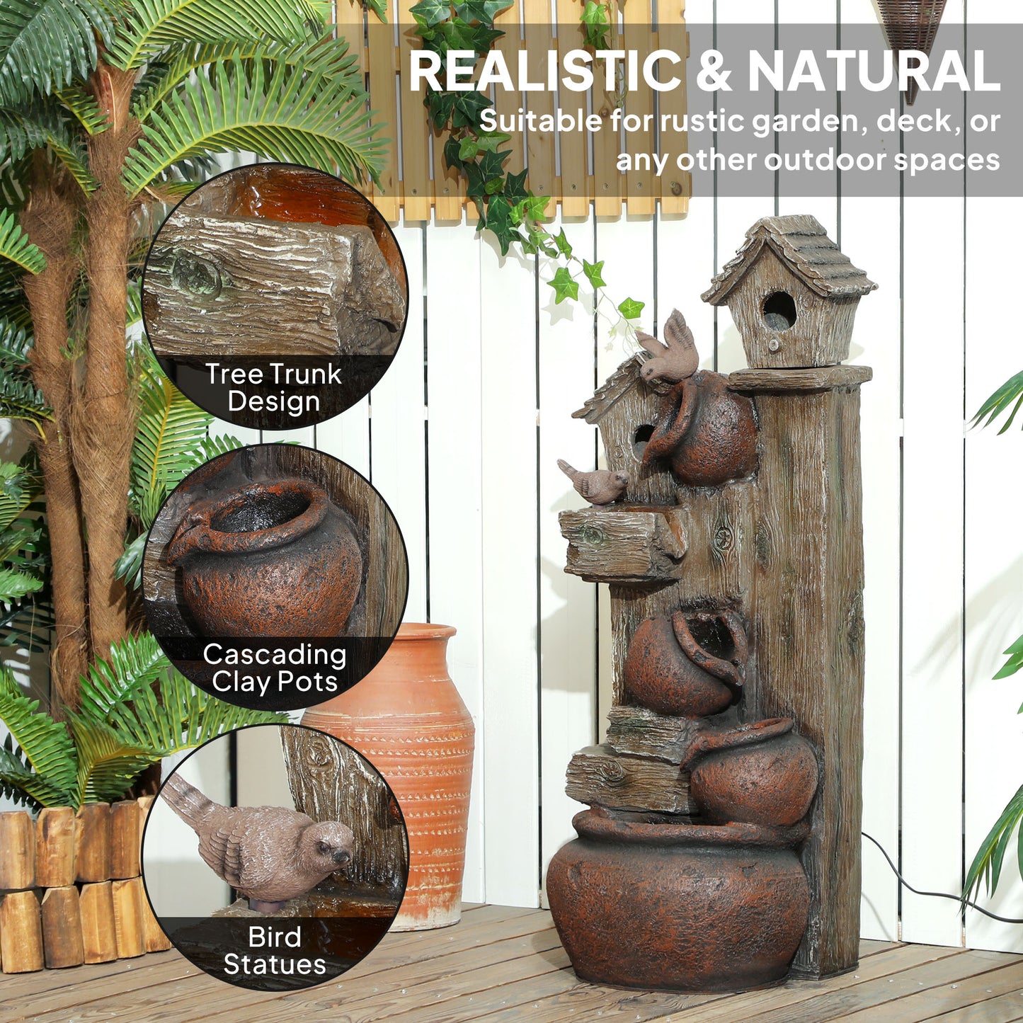 Outsunny 2 In 1 Waterfall Fountain With Birdhouse Resin Garden Water Feature LED Lights Pump Tree Trunk Design