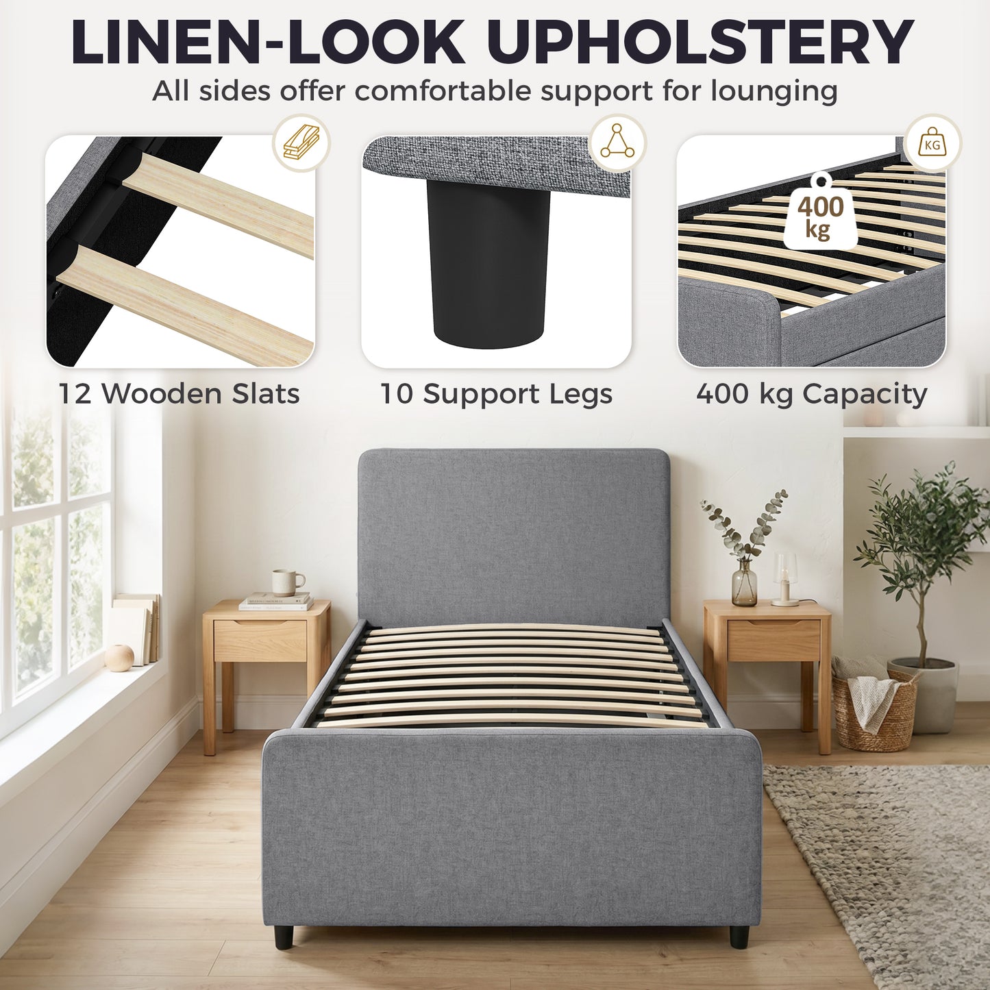 HOMCOM 3 Foot Single Bed Frame With Upholstered Pull Out Trundle Bed Headboard And Footboard Dark Grey