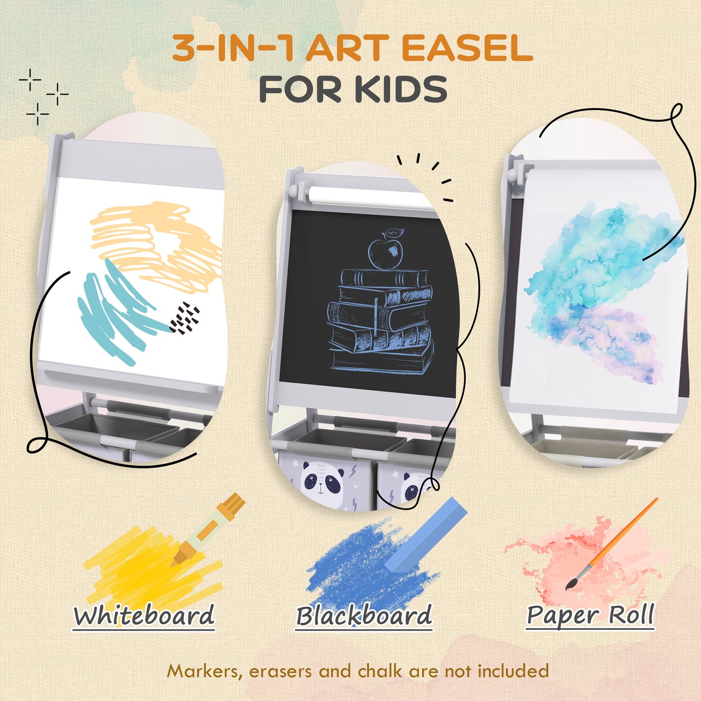 AIYAPLAY 3 In 1 Kids Easel With Paper Roll And Storage Blackboard Whiteboard Art Easel For Creative Play Grey