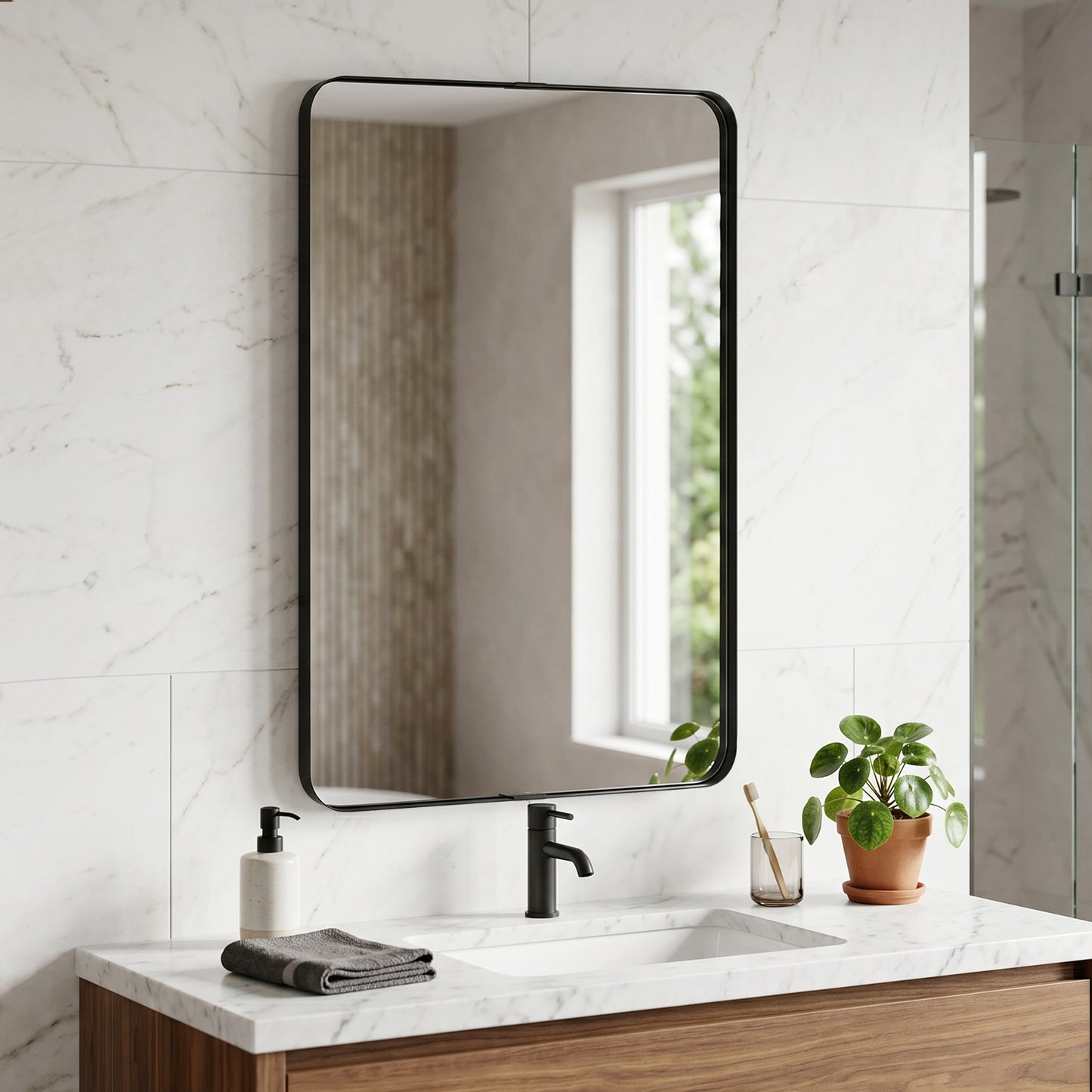 HOMCOM Runway Shaped Rectangular Wall Mirror 90 x 60 cm With Aluminium Alloy Frame And Tempered Glass In Black