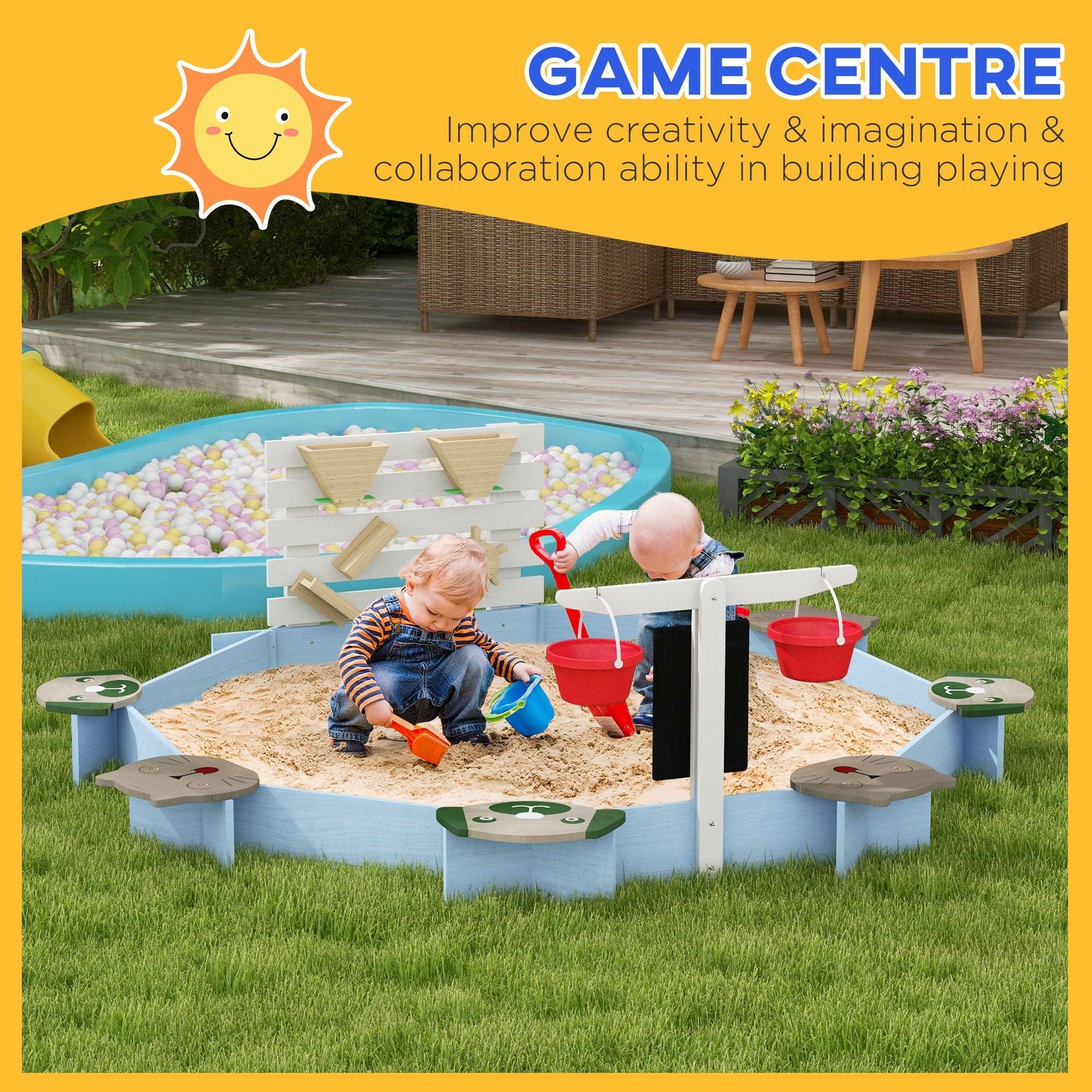 Outsunny Wooden Kids Sandbox with 6 Seats Blue - ALL4U RETAILER LTD