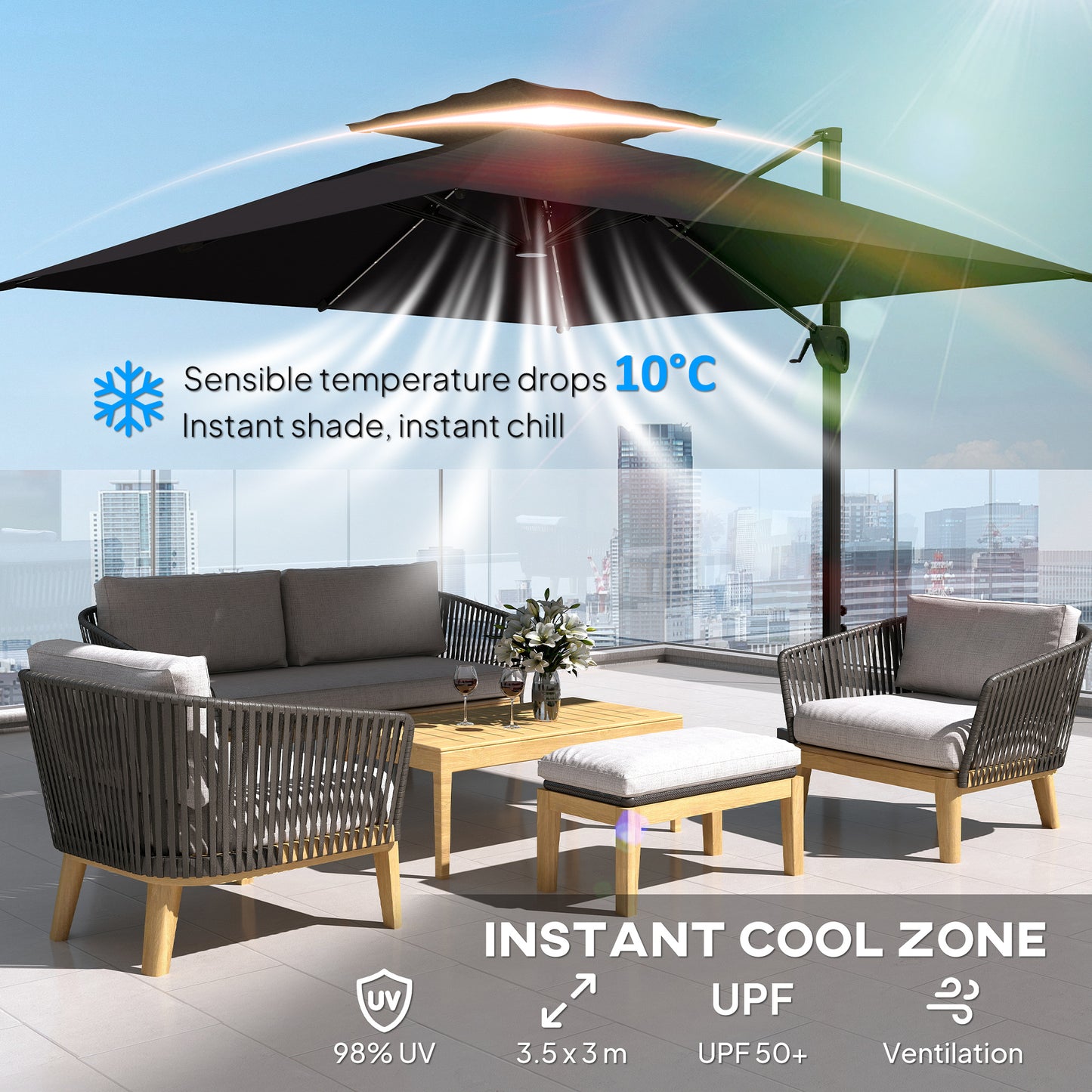 Outsunny Solar Powered LED Light Parasol Umbrella With Tilt And 360 Degree Swivel Black For Outdoor Use