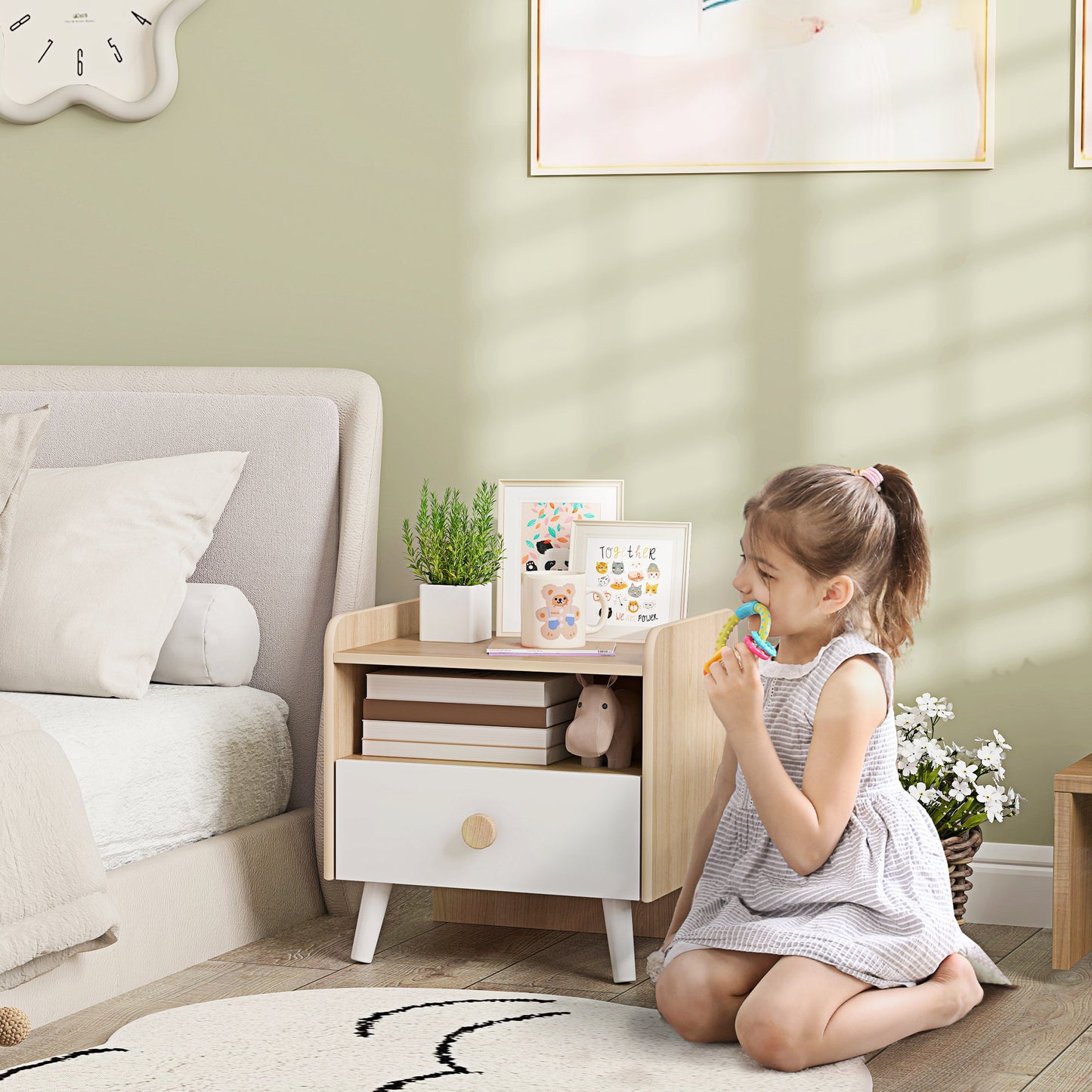 AIYAPLAY Kids Bedside Table With Drawer And Open Storage Shelf Wooden Nightstand For Bedroom White