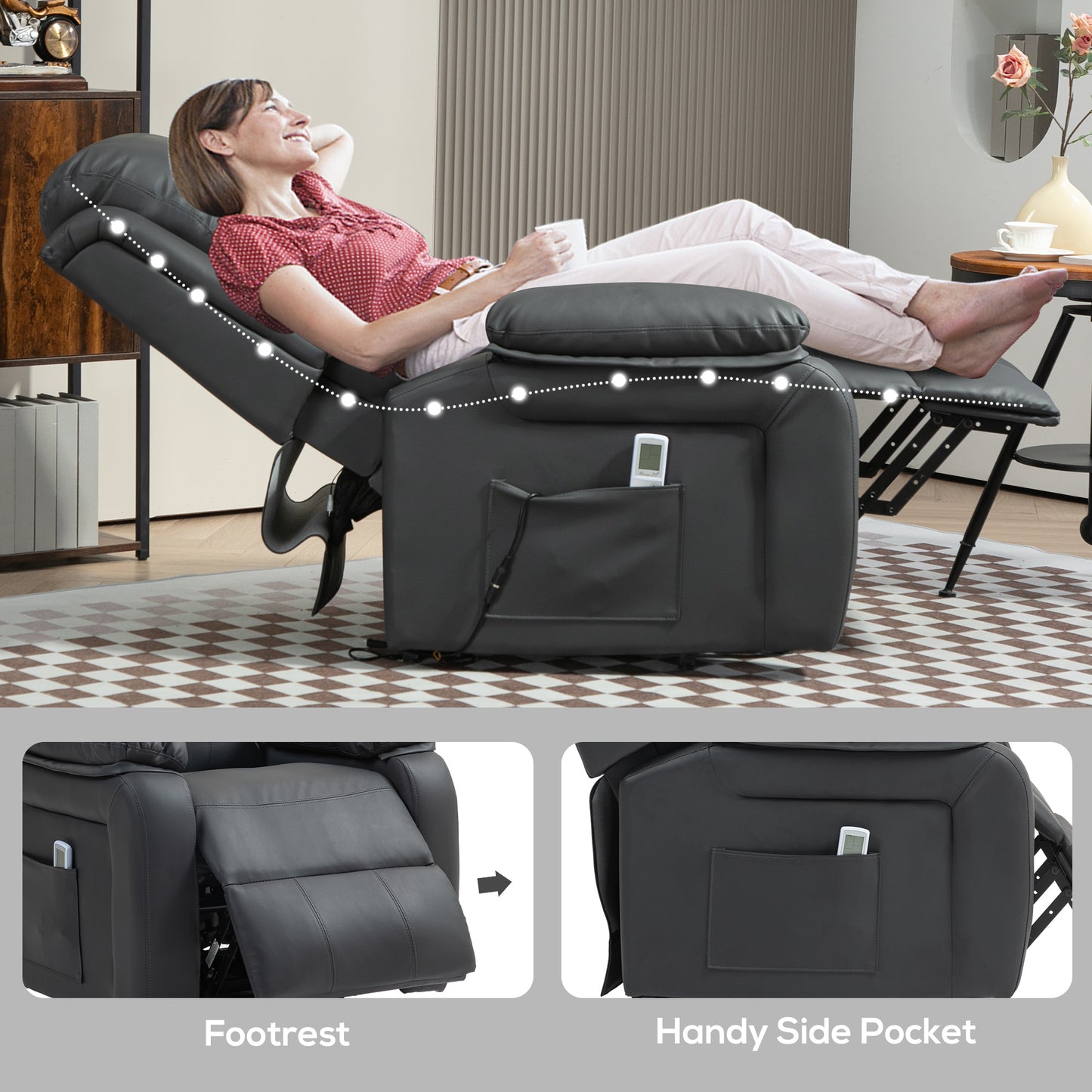 HOMCOM Riser And Recliner Chair With Vibration Massage Remote Control Power Lift For Elderly In PU Leather Dark Grey