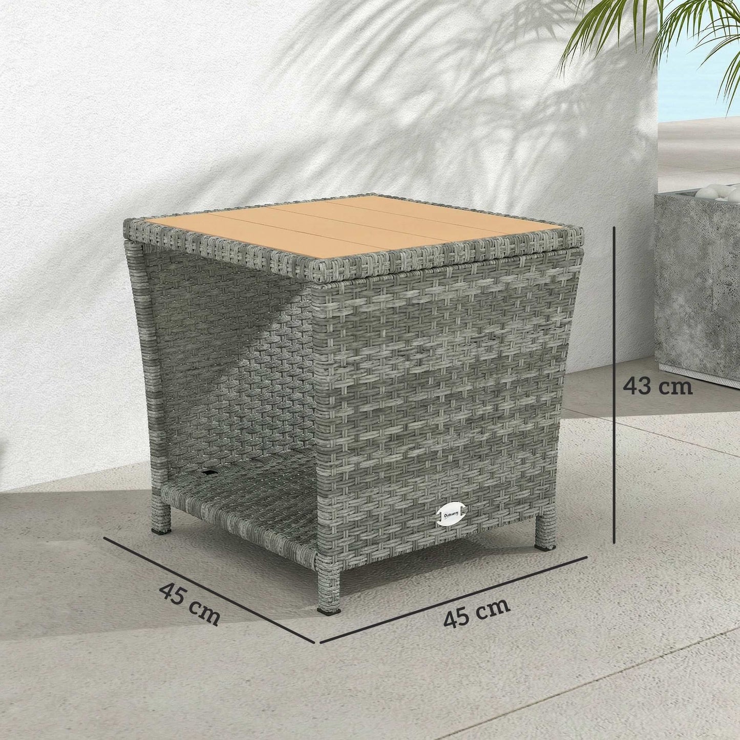 Outsunny Two Tier Outdoor Coffee Table With Storage Shelf And Wood Slat Top Light Grey