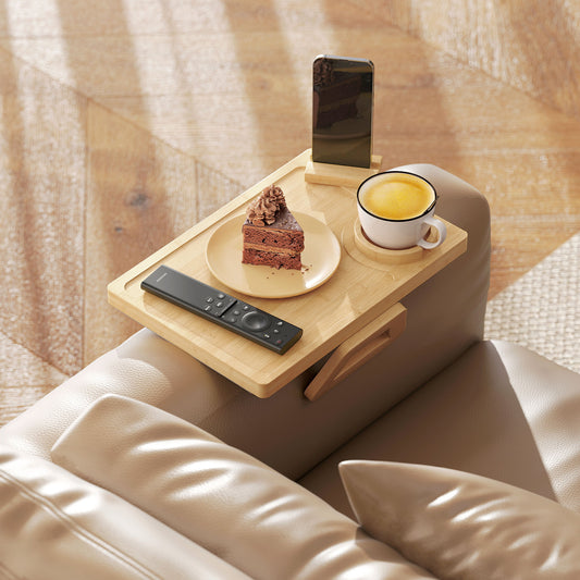HOMCOM Anti Slip Sofa Armrest Tray Bamboo Arm Tray With 360 Degree Phone Holder And Removable Cup Holder Natural