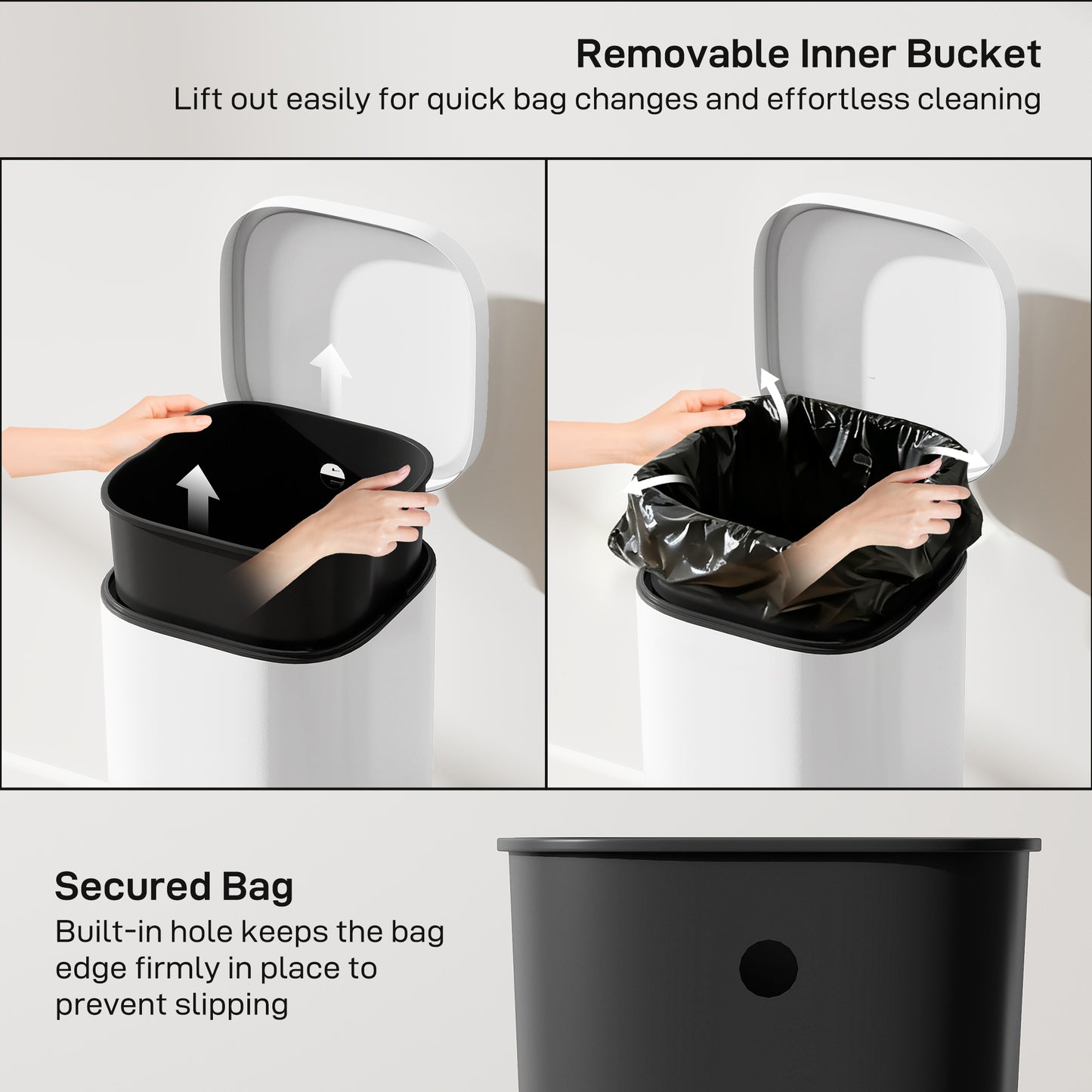 HOMCOM 30L Kitchen Bin Compact Pedal Bin With Soft Close And Stay Open Lid Removable Bucket For Kitchen Office White