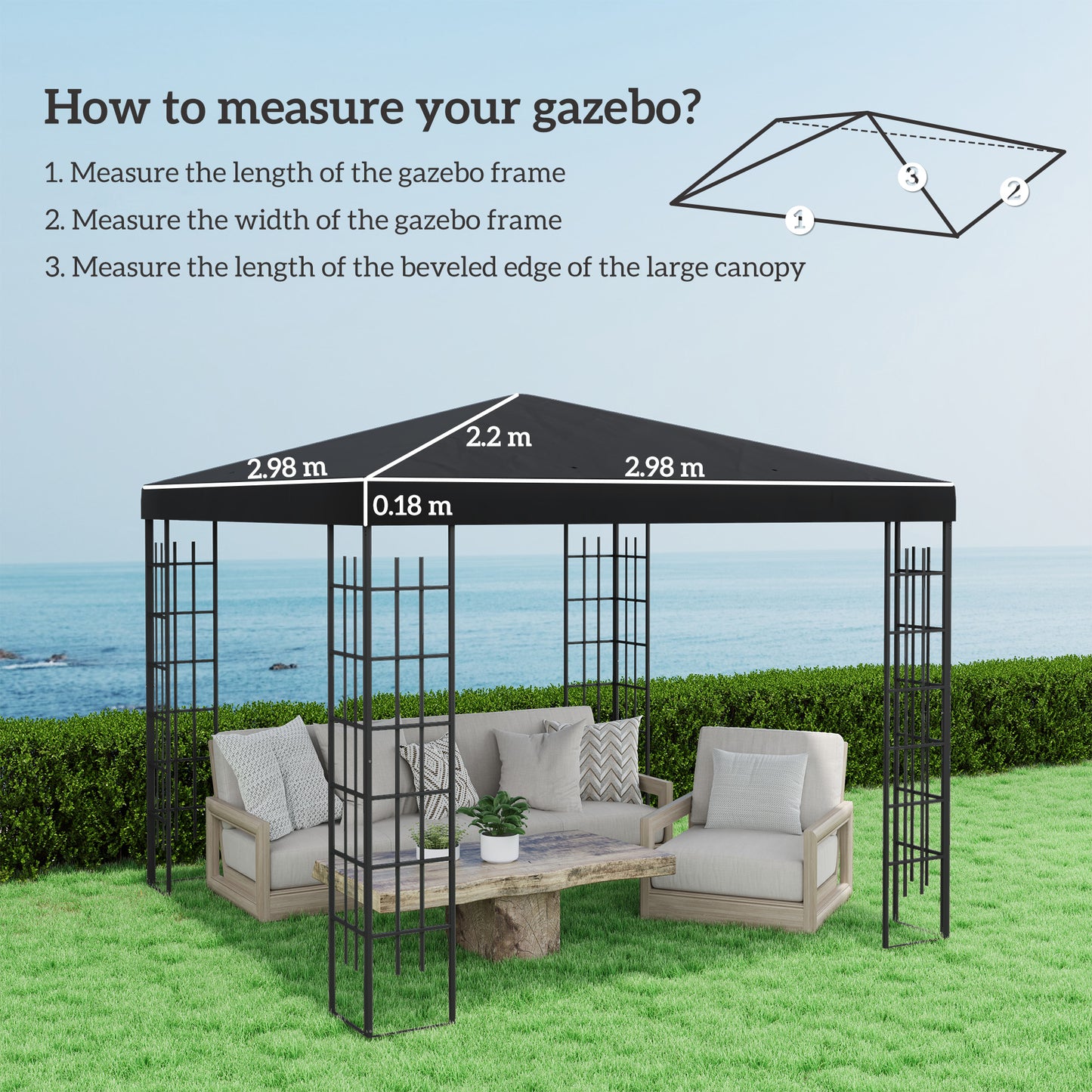 Outsunny 3x3m Gazebo Canopy Top Replacement Black Polyester With UPF 30 Plus Protection Grommets