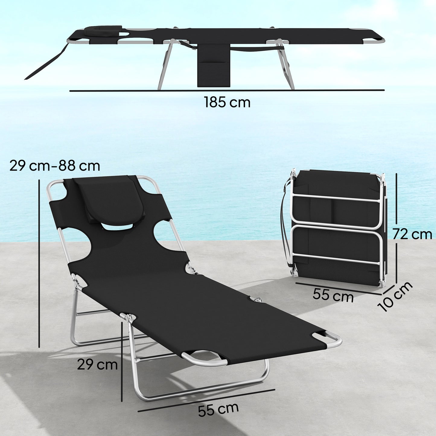 Outsunny 5 Position Adjustable Sun Loungers Set of 2 with Reading Hole and Side Pocket in Black