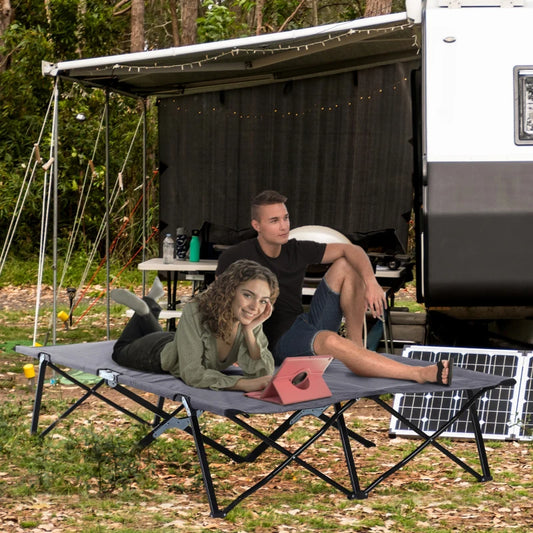 Outsunny Double Camping Cot Bed with Bag - Grey, Portable Folding Outdoor Sleeping Cot for Two