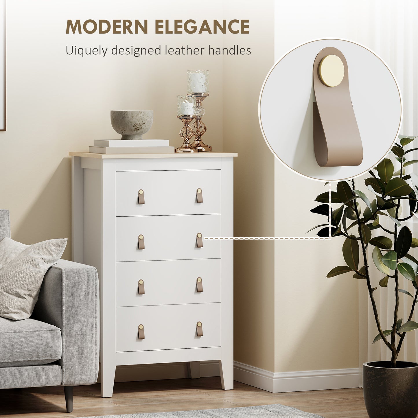 HOMCOM 4 Drawer Chest Of Drawers White With PU Leather Handles And Metal Runners 60 X 40 X 98 Cm Bedroom Furniture