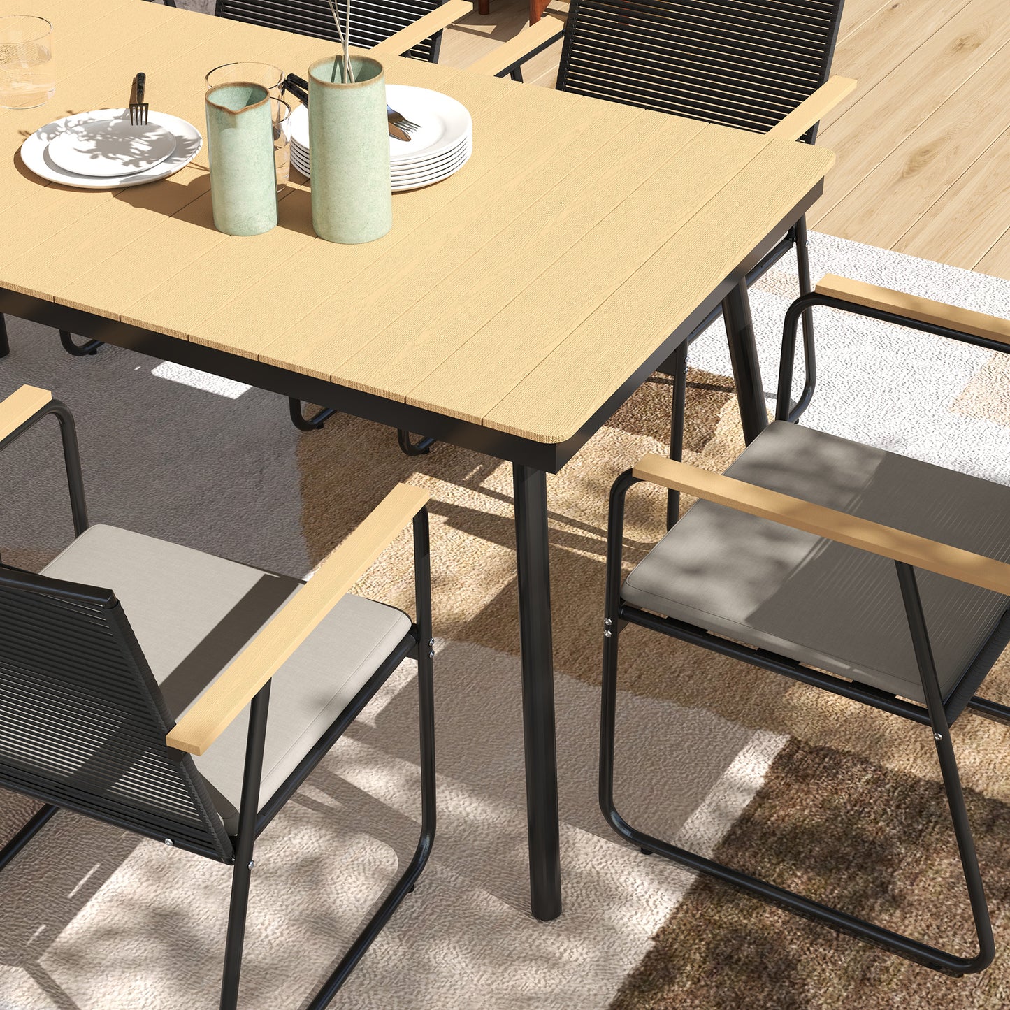 Outsunny 6 Seater Garden Dining Set With Cushions And Rattan Backrests Rectangular Plastic Top Outdoor Patio Furniture