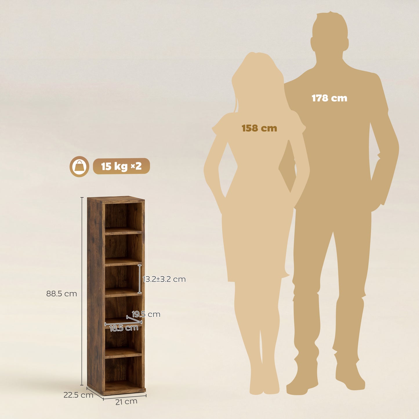 HOMCOM Set Of 2 CD Media Display Shelves Tower Rack With Adjustable Shelves Rustic Brown