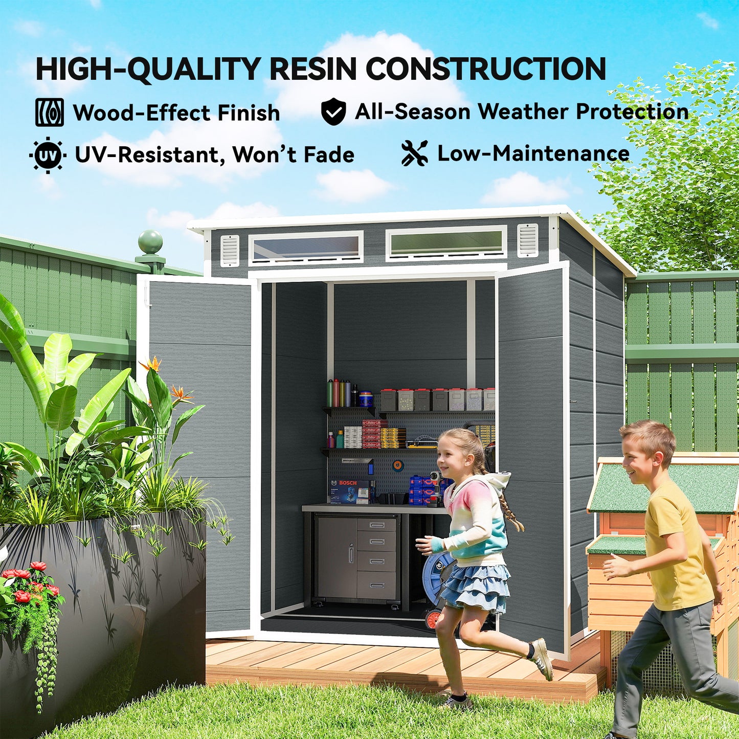 Outsunny 6x6 Ft Plastic Garden Shed With Floor Two Windows Vents Lockable Double Doors Grey Wood Effect