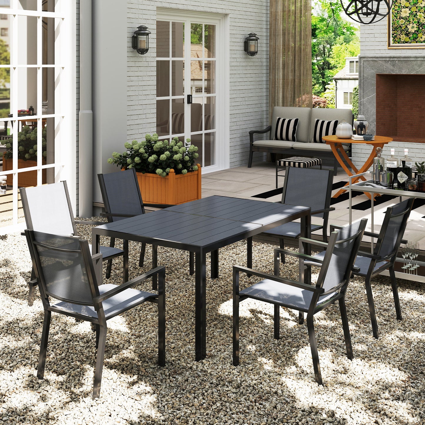 Outsunny 7 Piece Garden Dining Set With 6 Stackable Chairs And 150 Cm WPC Slatted Table Rust Resistant Steel Frame