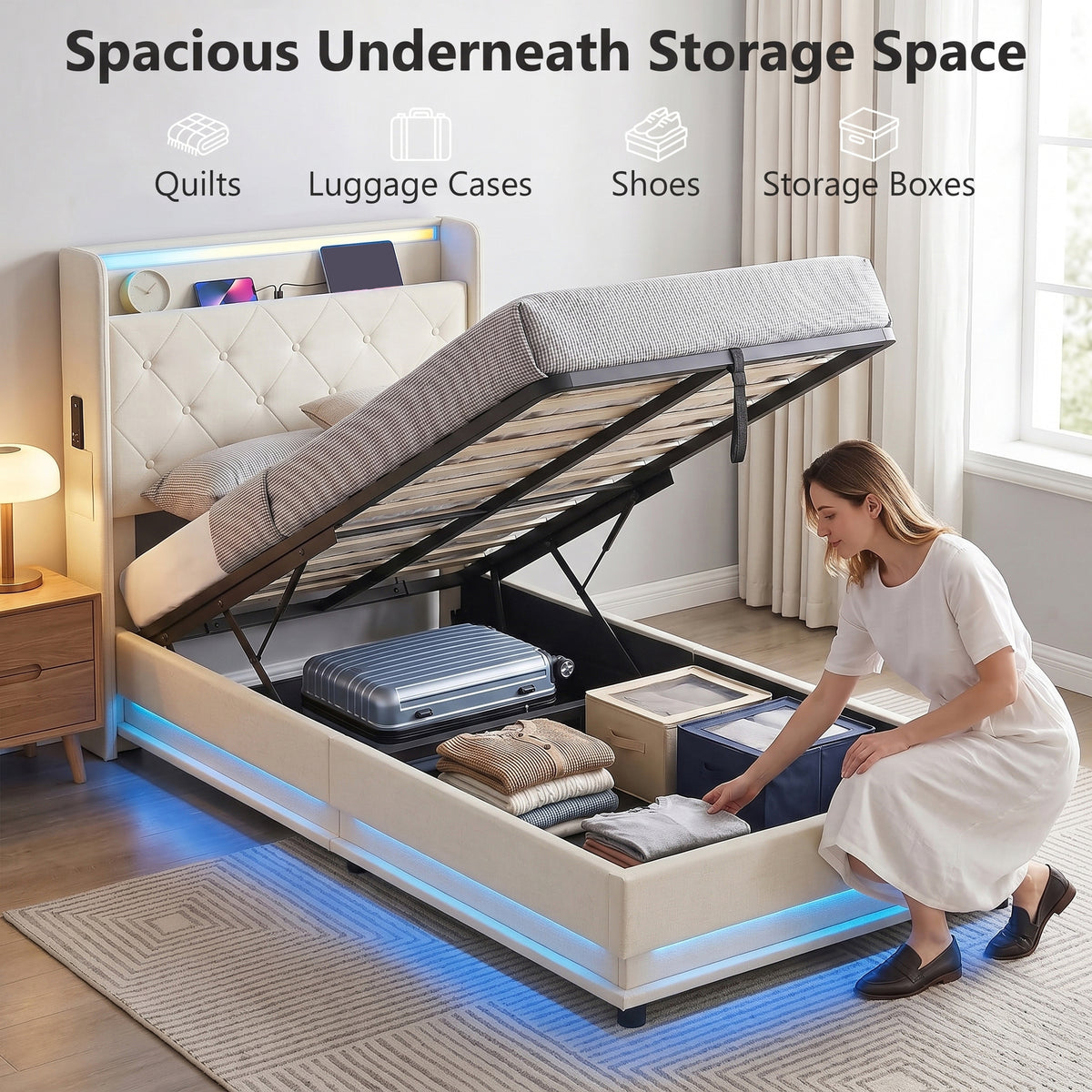 Homcom 3ft Single Bed Frame With Hydraulic Storage LED Lights