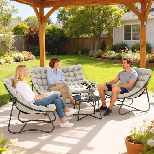 Outsunny 4 Seater Garden Set With Loveseat Sofa Chairs Glass Coffee Table Cushions Steel Outdoor Sofa Light Grey