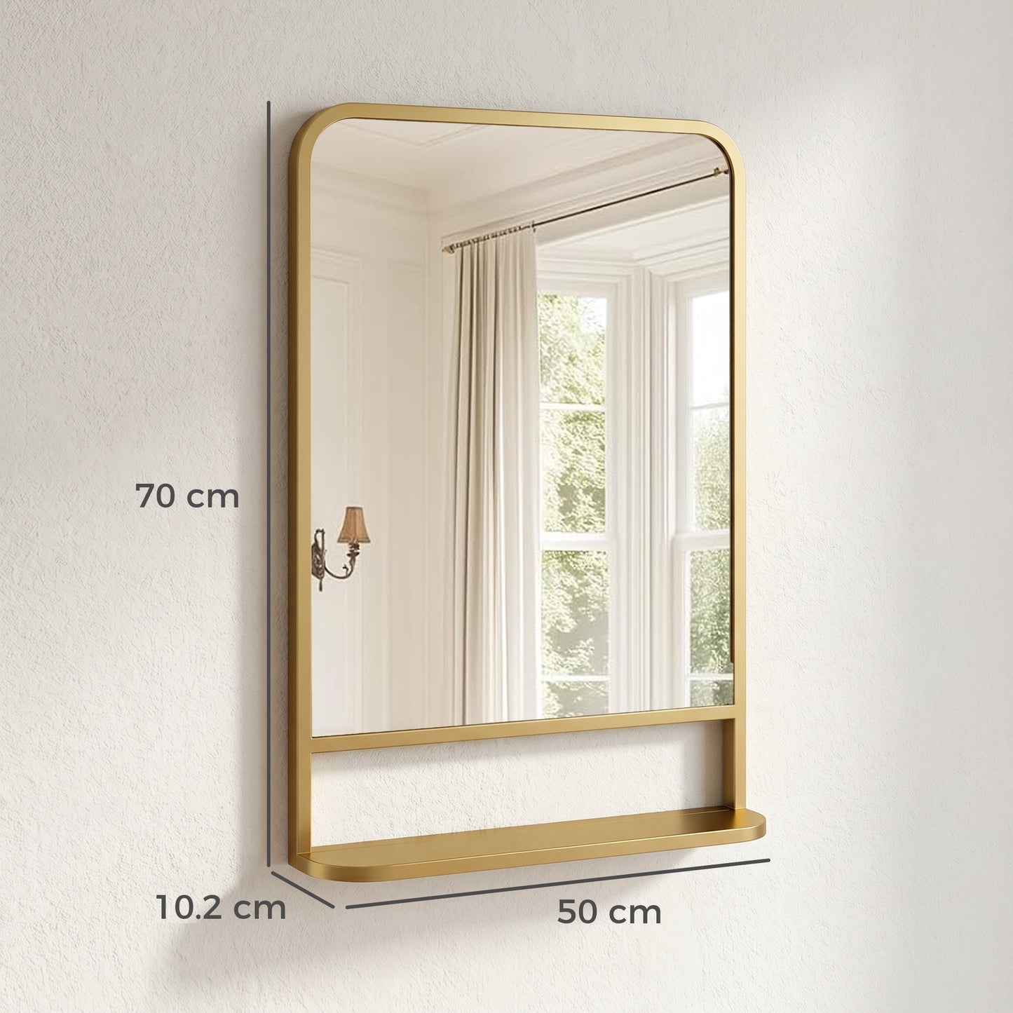 HOMCOM Modern Rectangular Wall Mirror With Storage Shelf Gold Tone Frame 70 X 50 Cm