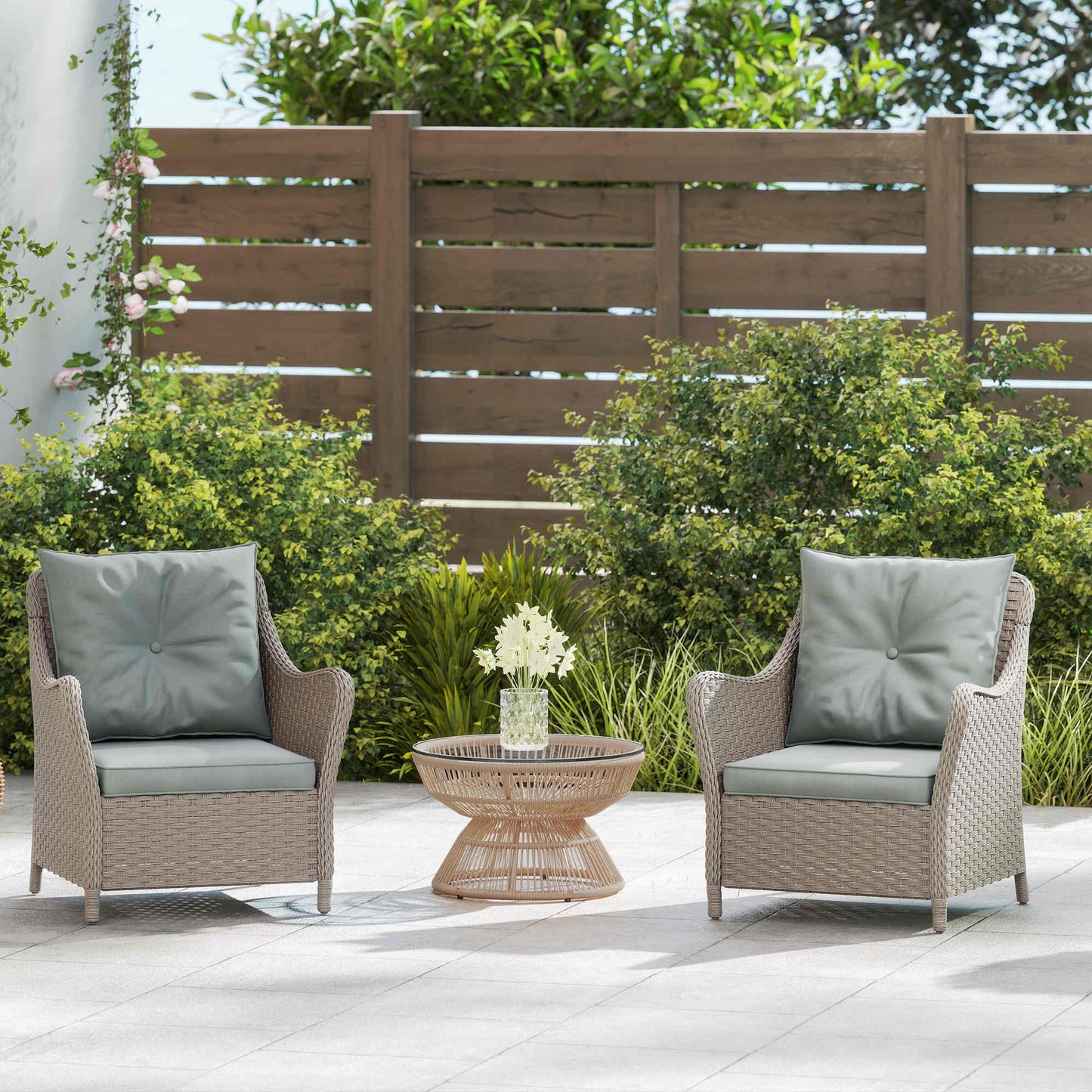 Outsunny Rattan Garden Chairs Set 2 With Cushions High Back Armrests PE Wicker Steel Frame Balcony Porch Light Grey