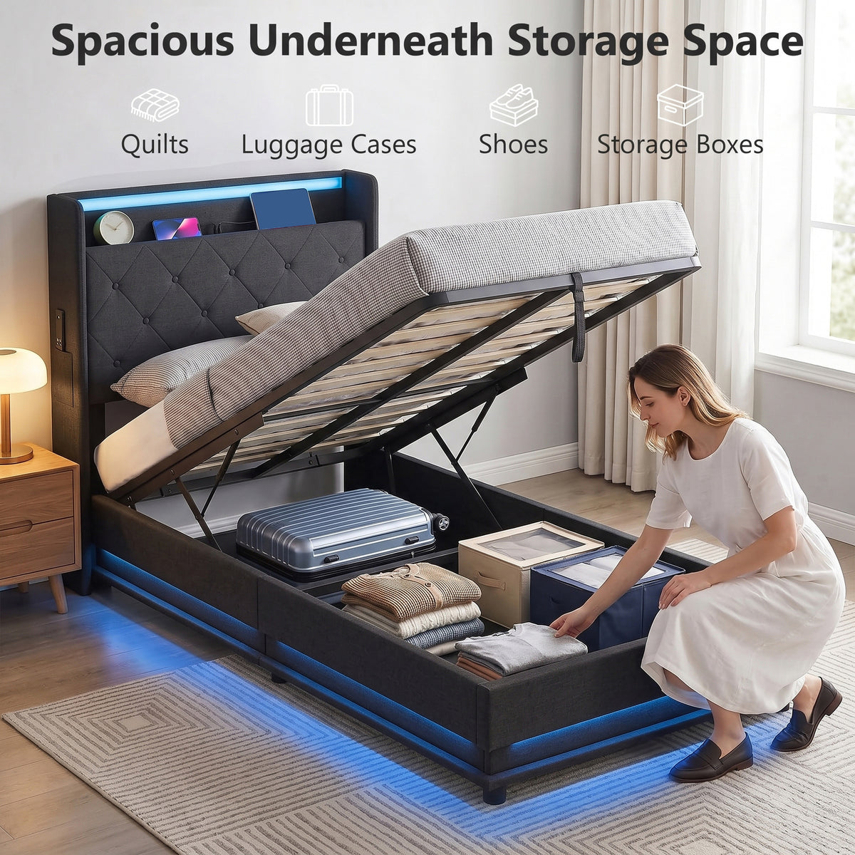 Homcom 3Ft Single Bed Frame With Hydraulic Storage And Led Lights Black