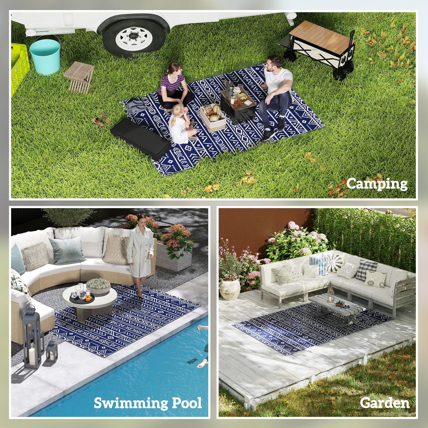 Outsunny Reversible Outdoor Rug with Carry Bag Waterproof Plastic Straw Mat 182 x 274 cm Dark Blue and White