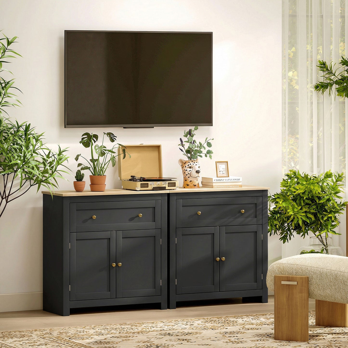 HOMCOM Sideboard Storage Cabinet With Adjustable Shelf Drawer And Double Doors Black Modern Kitchen Cupboard