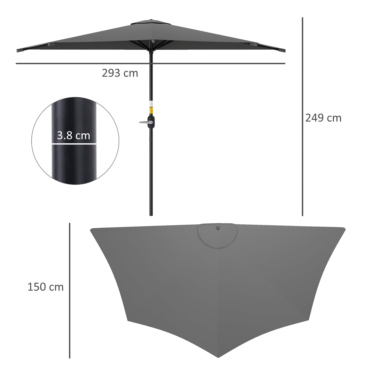 Outsunny 3 Meter Half Parasol Wall Mounted Semi Round Umbrella With Metal Frame Crank Handle Dark Grey