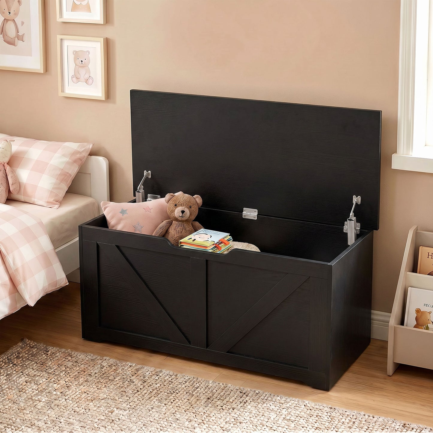 HOMCOM 127L Storage Box with Safety Hinges and Sit on Lid in Black Wood Effect Plus
