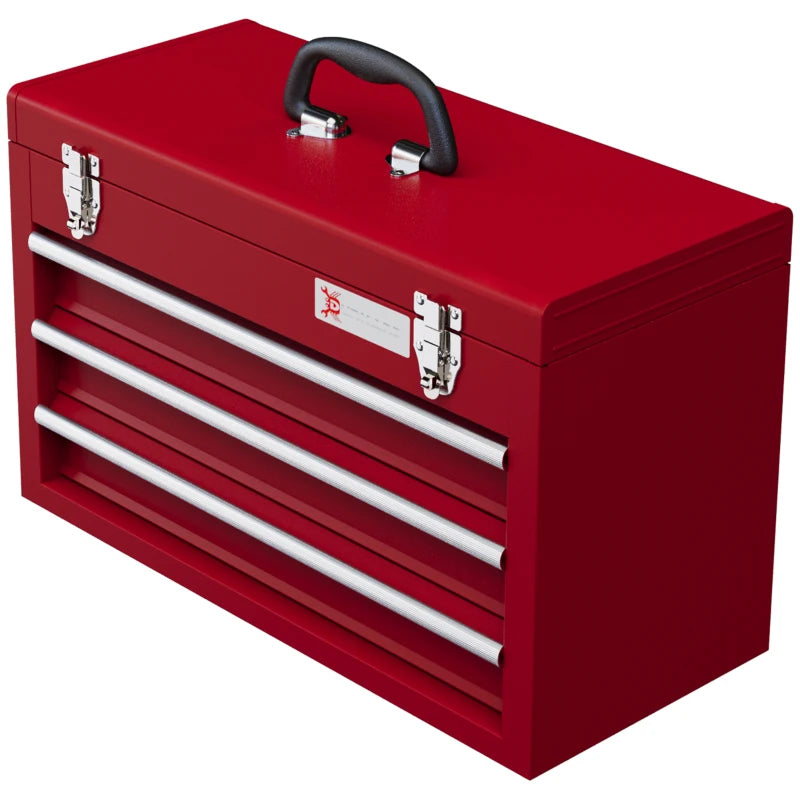 DURHAND Lockable Metal Tool Box - 3 Drawer Tool Chest with Latches, Handle, Ball Bearing Runners - Red - ALL4U RETAILER LTD