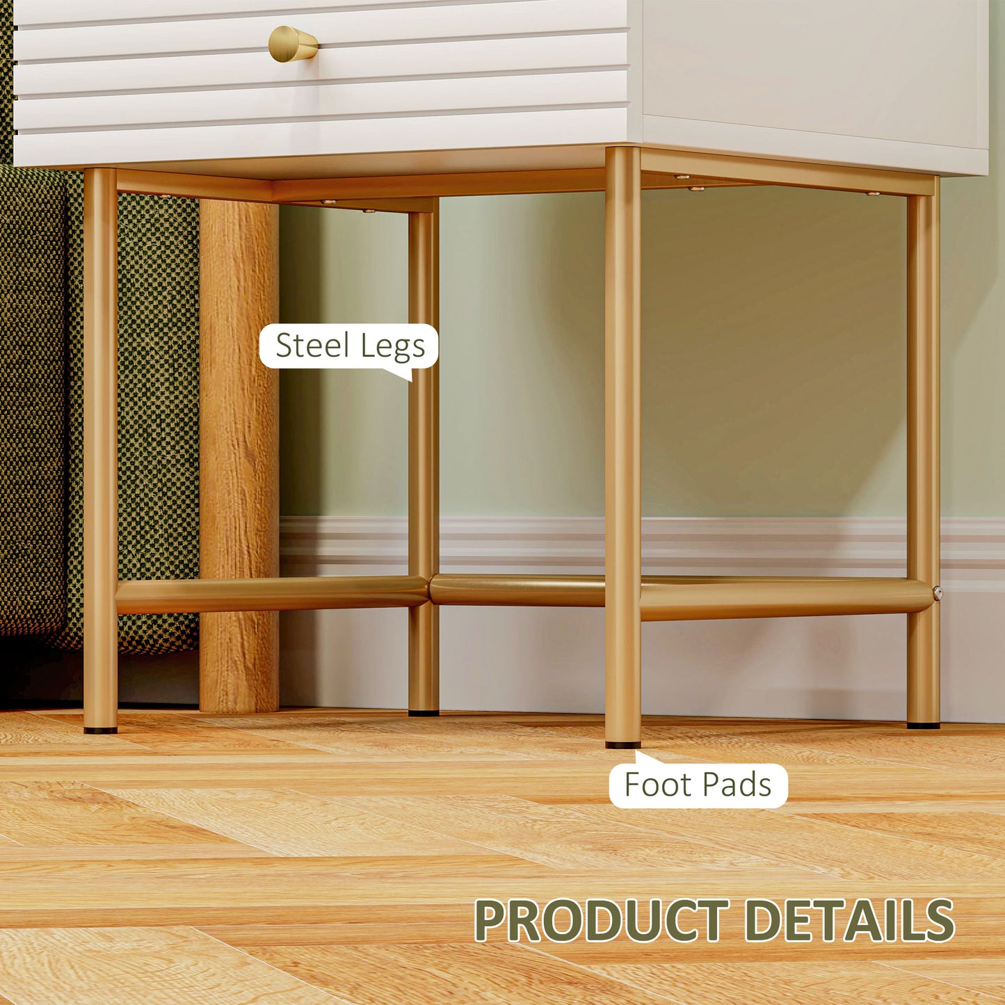HOMCOM Set of Two Elegant Bedside Tables White and Gold Tone Finish with Two Drawers Nightstands